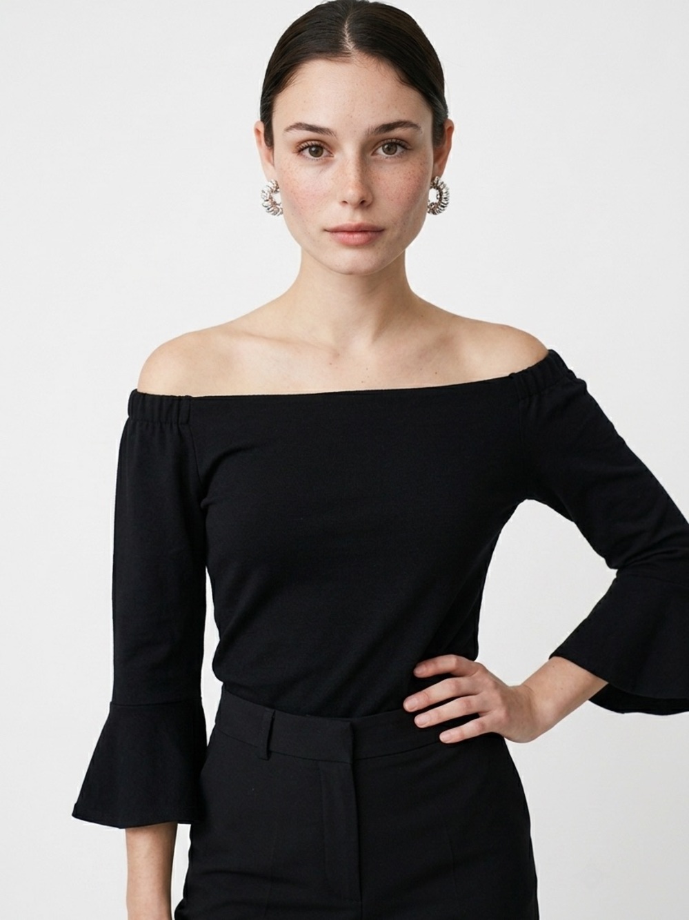 GIBSON | Off the Shoulder Black Sweatshirt Bell Sleeves XL - Picture 1 of 8